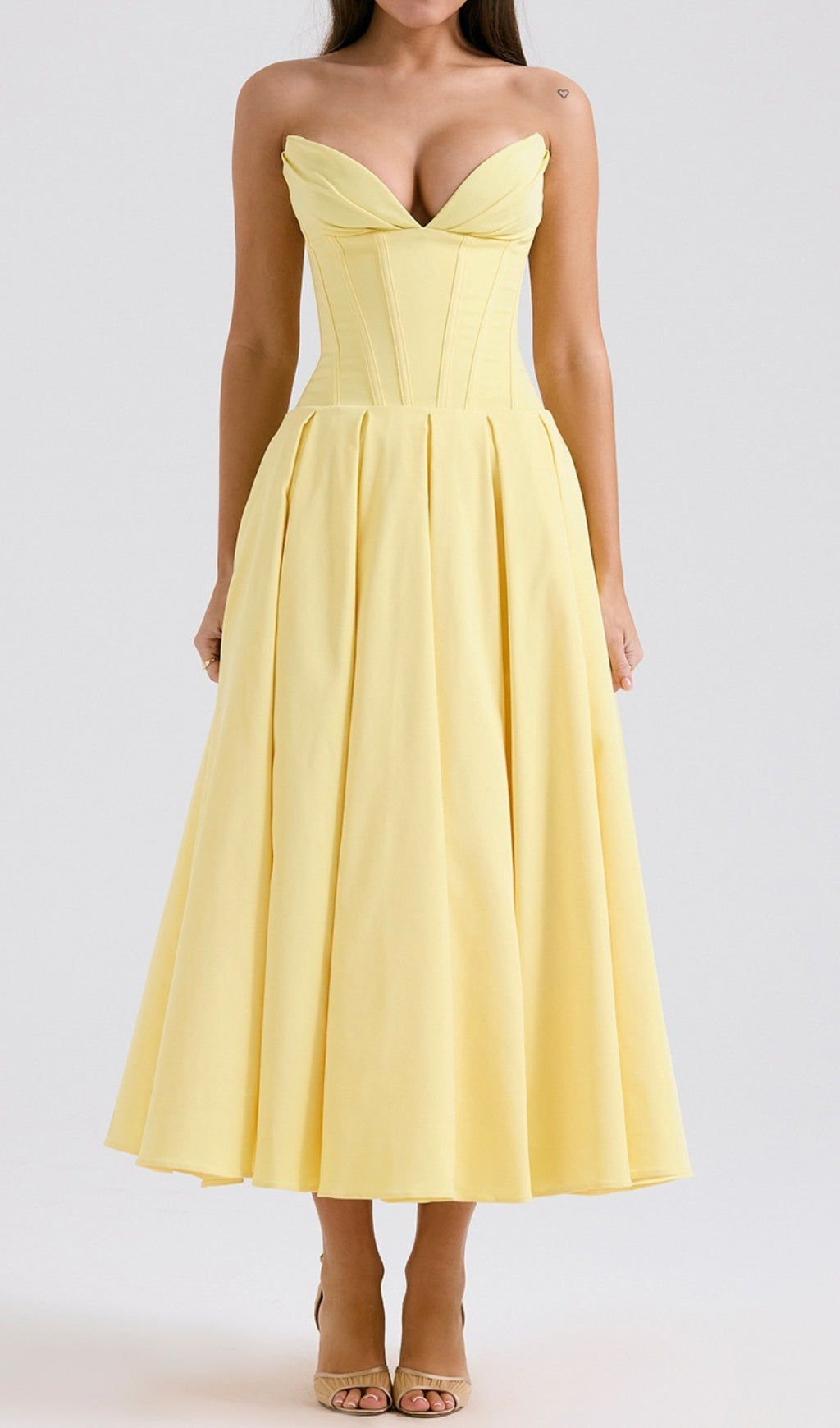Devani Yellow Strapless Corset Midi Dress