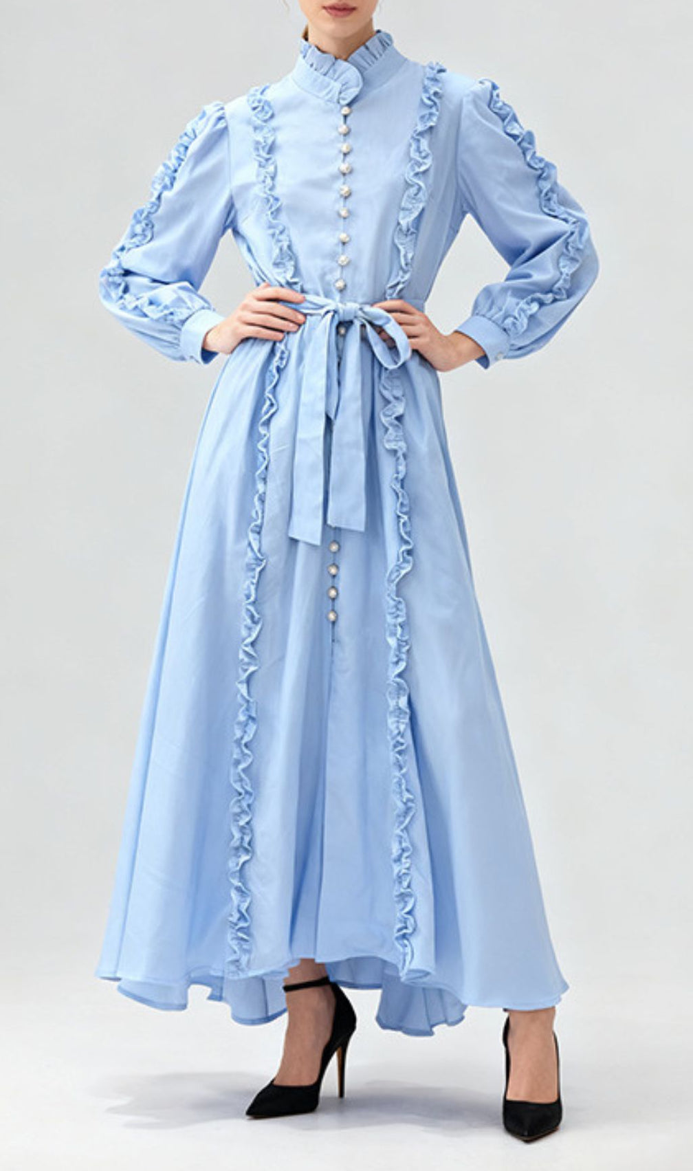 Iria Blue Ruffled Maxi Dress - Elegant Long Sleeve Formal Gown with Pearl Buttons