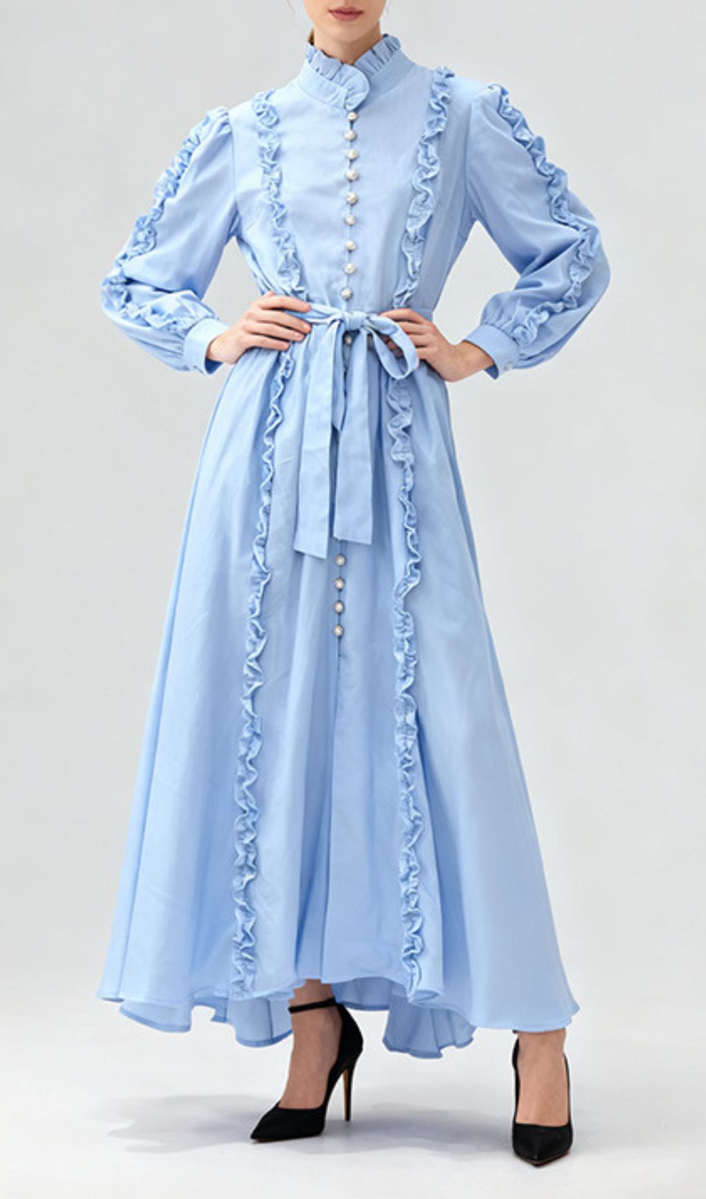Iria Blue Ruffled Maxi Dress - Elegant Long Sleeve Formal Gown with Pearl Buttons