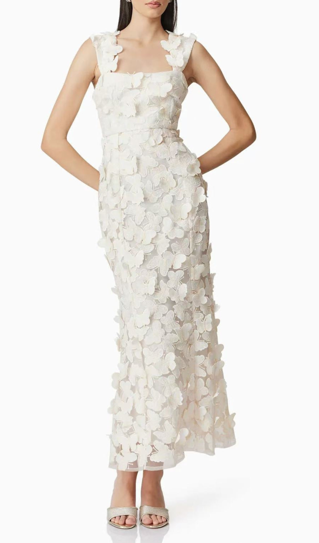 Eddy White Butterfly Embroidery Maxi Dress