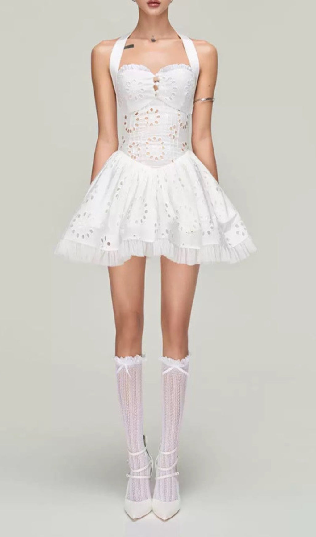 Dia White Halter Embroidery Mini Dress