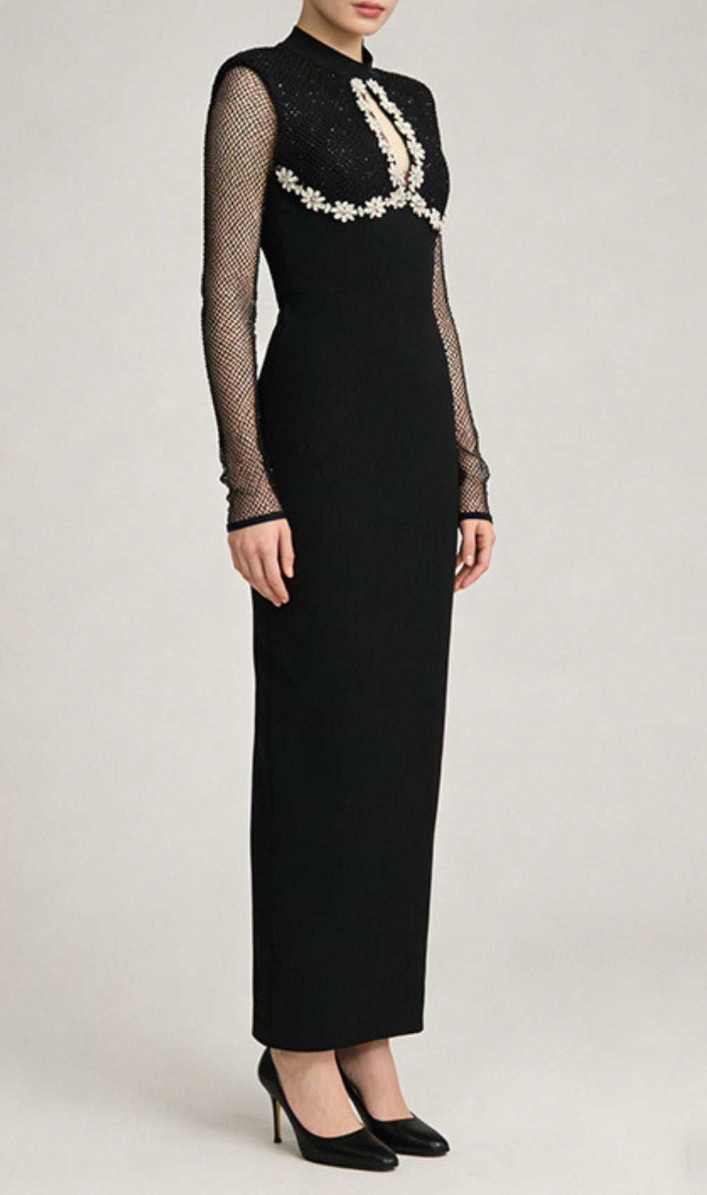 Jaliyah Black Embellished Mesh Sleeve Maxi Dress | Elegant Long Sleeve Gown