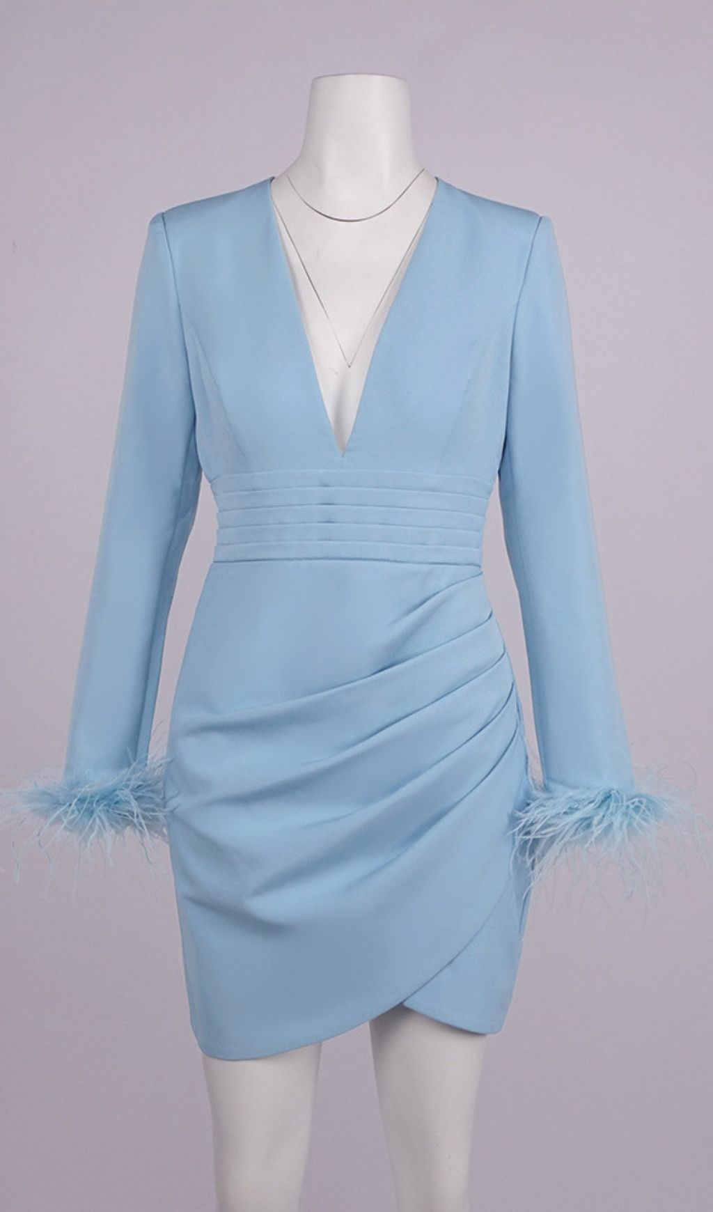 Chic Light Blue Feather Cuff Blazer Mini Dress - Deep V Party Style