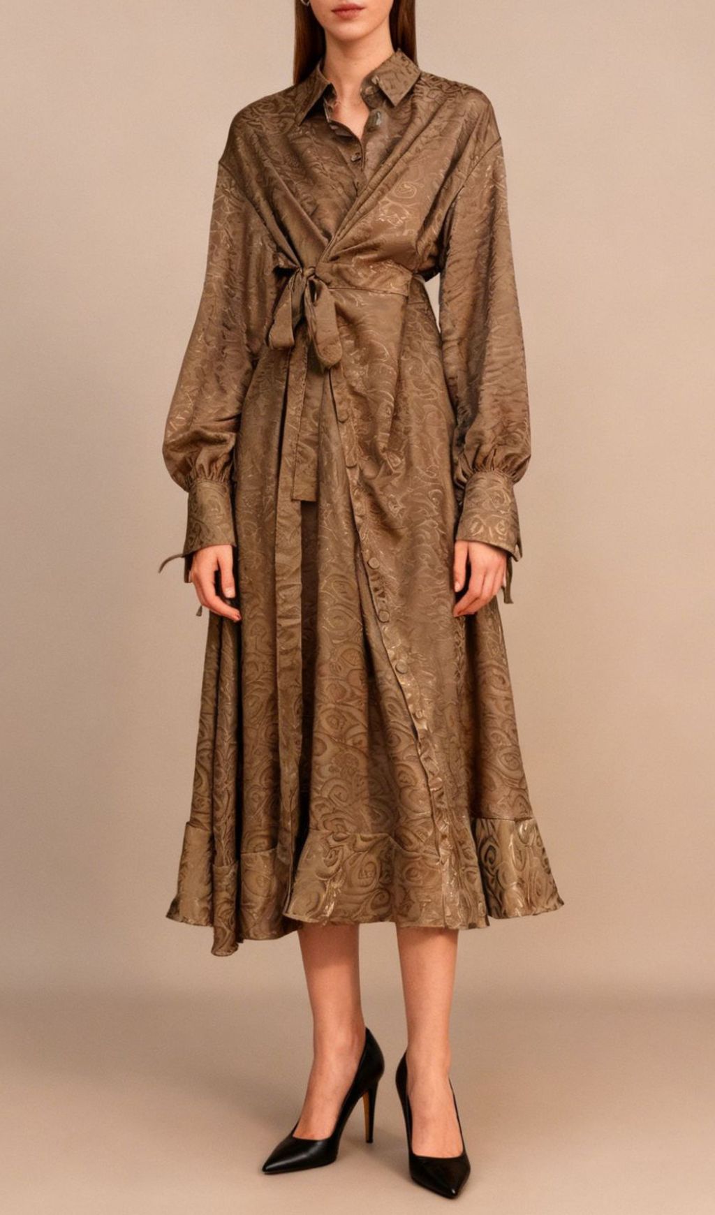 Jung Artistic Print Tie-Waist Long Sleeve Midi Dress