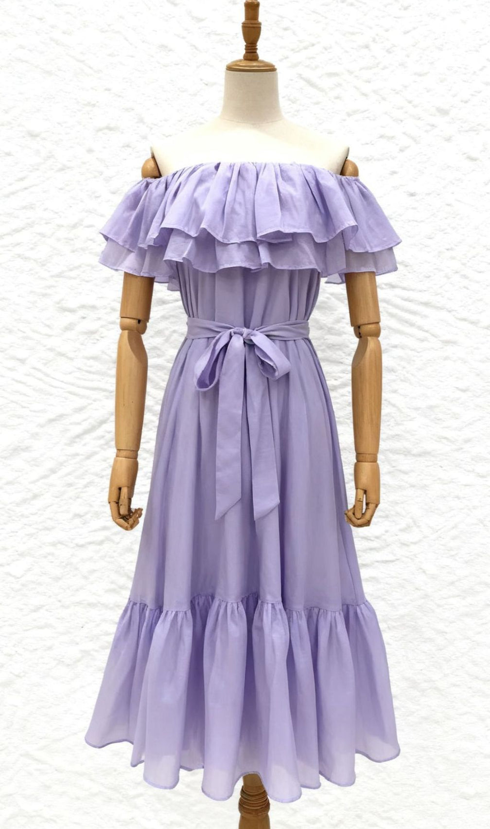 Imala Lavender Ruffled Off-Shoulder Midi Dress