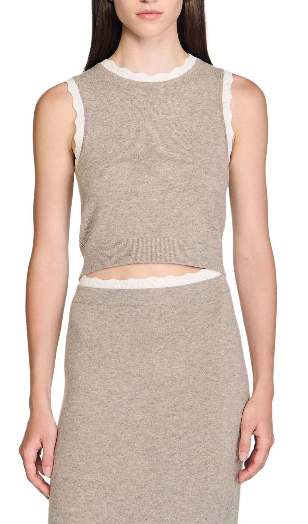 Elegant Sleeveless Knit Crop Top with Scalloped Pointelle Trim