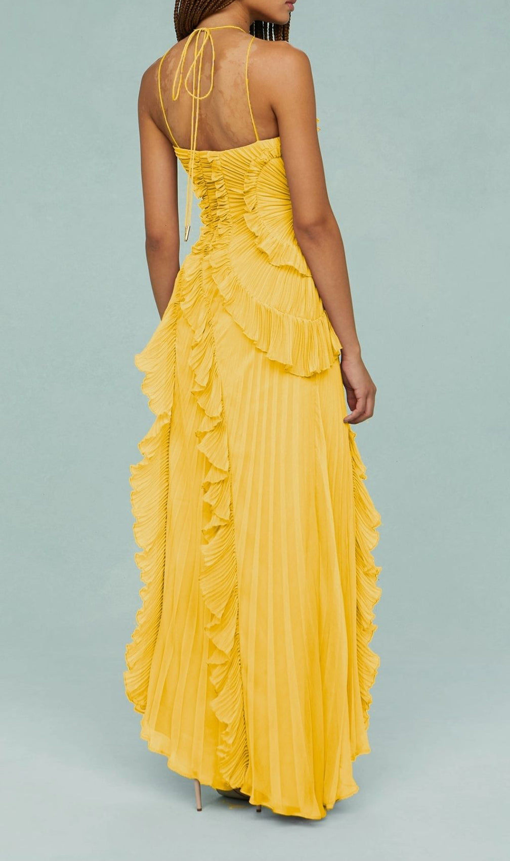 Finneas Vibrant Yellow Halter Pleated Ruffle Maxi Dress