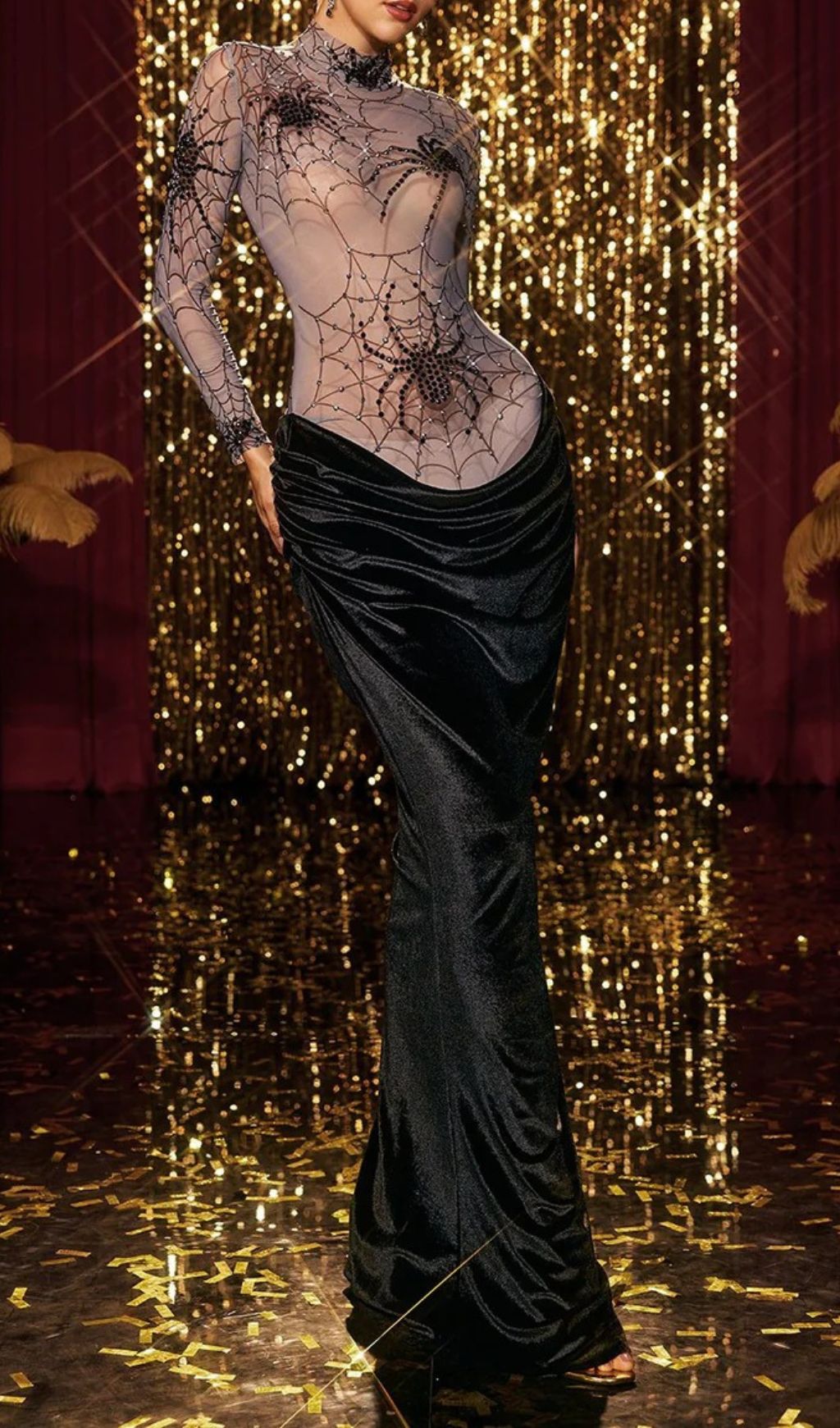 Kjartan Glamorous High Neck Spider Web Velvet Maxi Dress - Statement Evening Gown