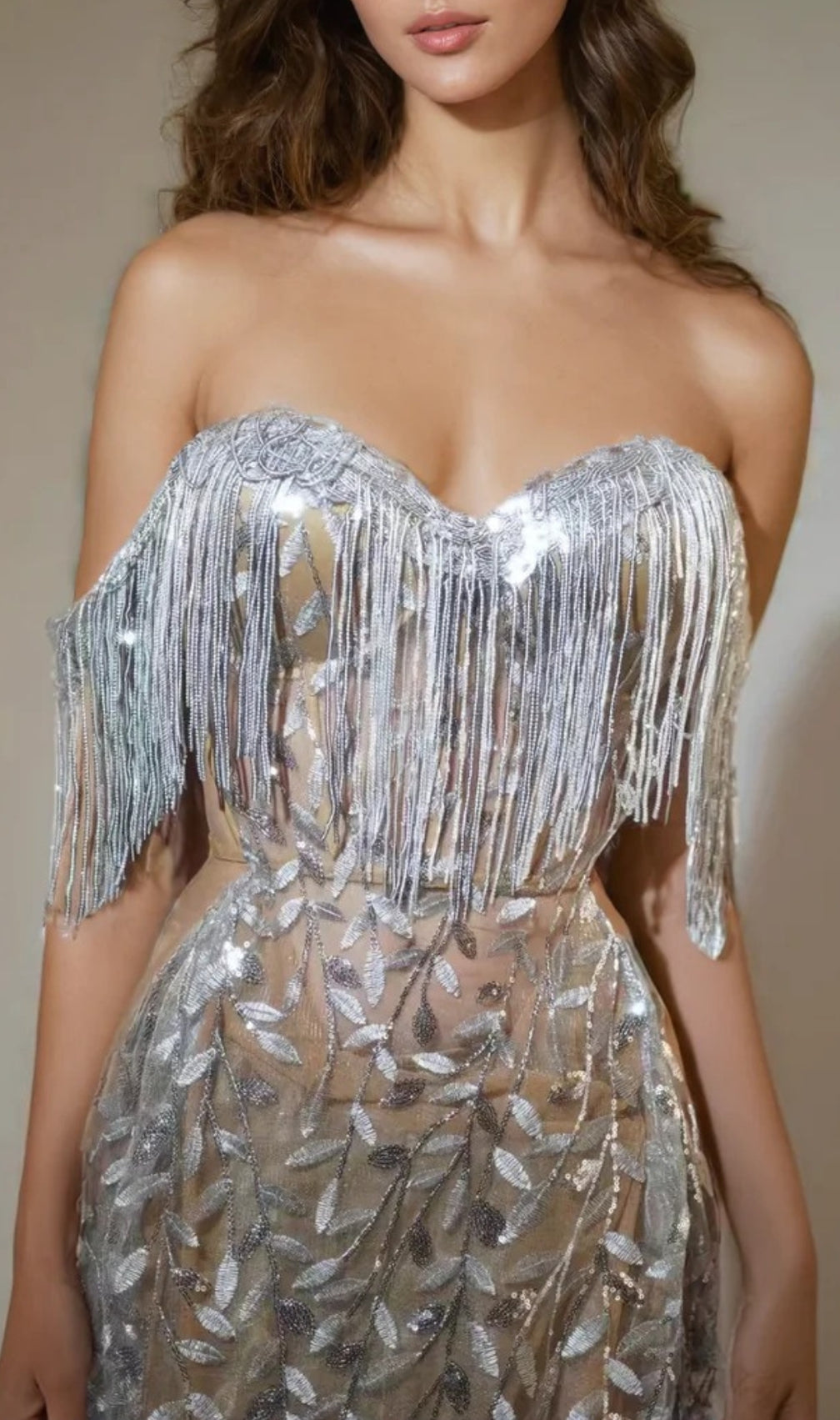 Caspar Strapless Leafy Fringe Maxi Dress