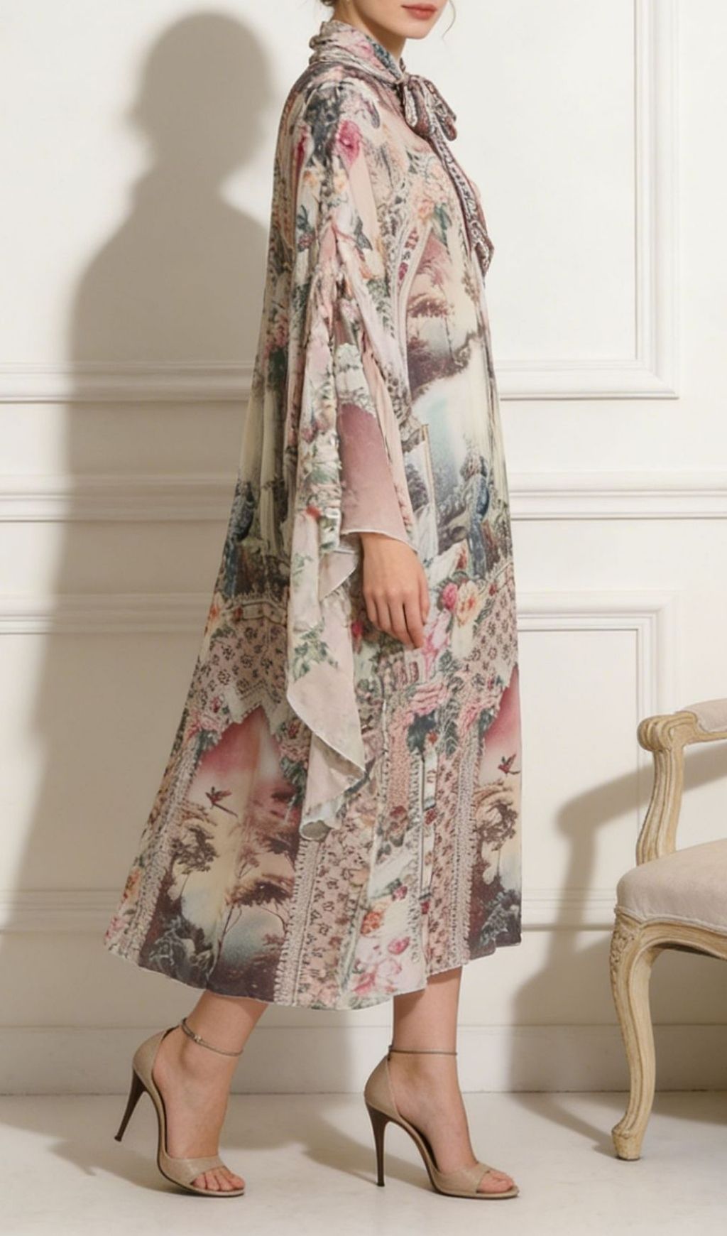 Kennice Enchanted Garden Flowy Maxi Dress - Elegant Tie-Neck & Kimono Sleeves