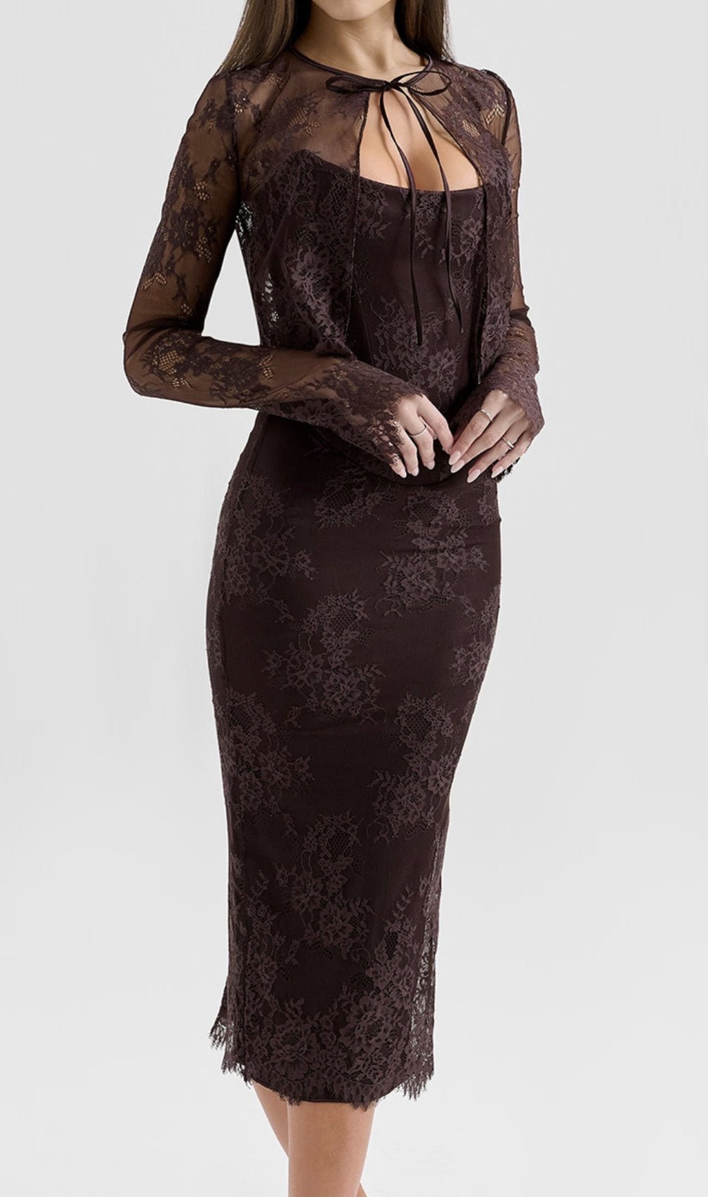 Deza Chocolate Lace Corset Midi Dress & Shawl