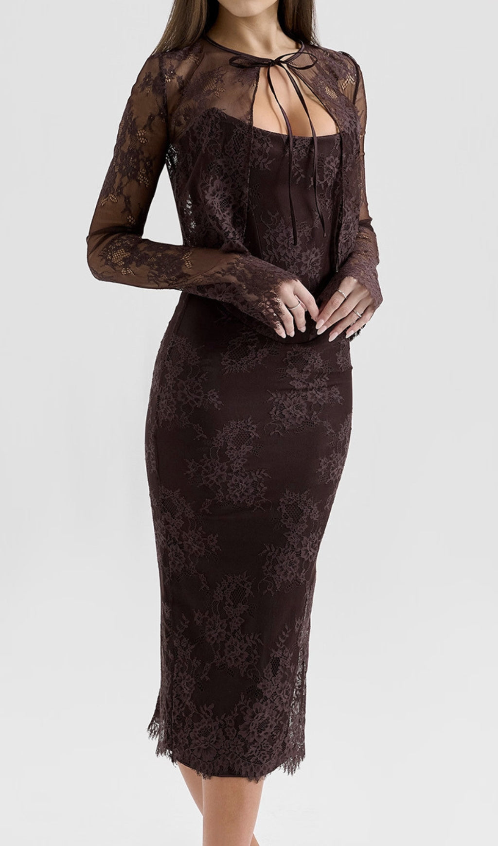 Deza Chocolate Lace Corset Midi Dress & Shawl