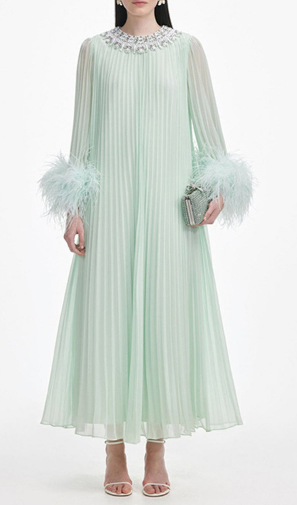 Felipe Embellished Feather Pleated Maxi Dress