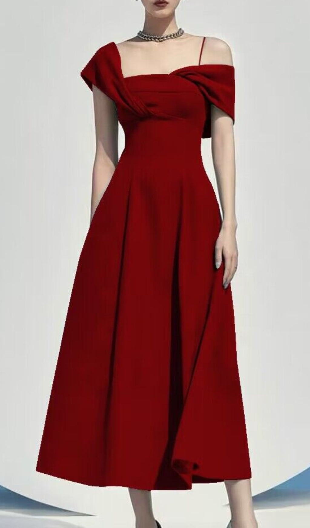 Haze Blue Oblique Shoulder Midi Dress