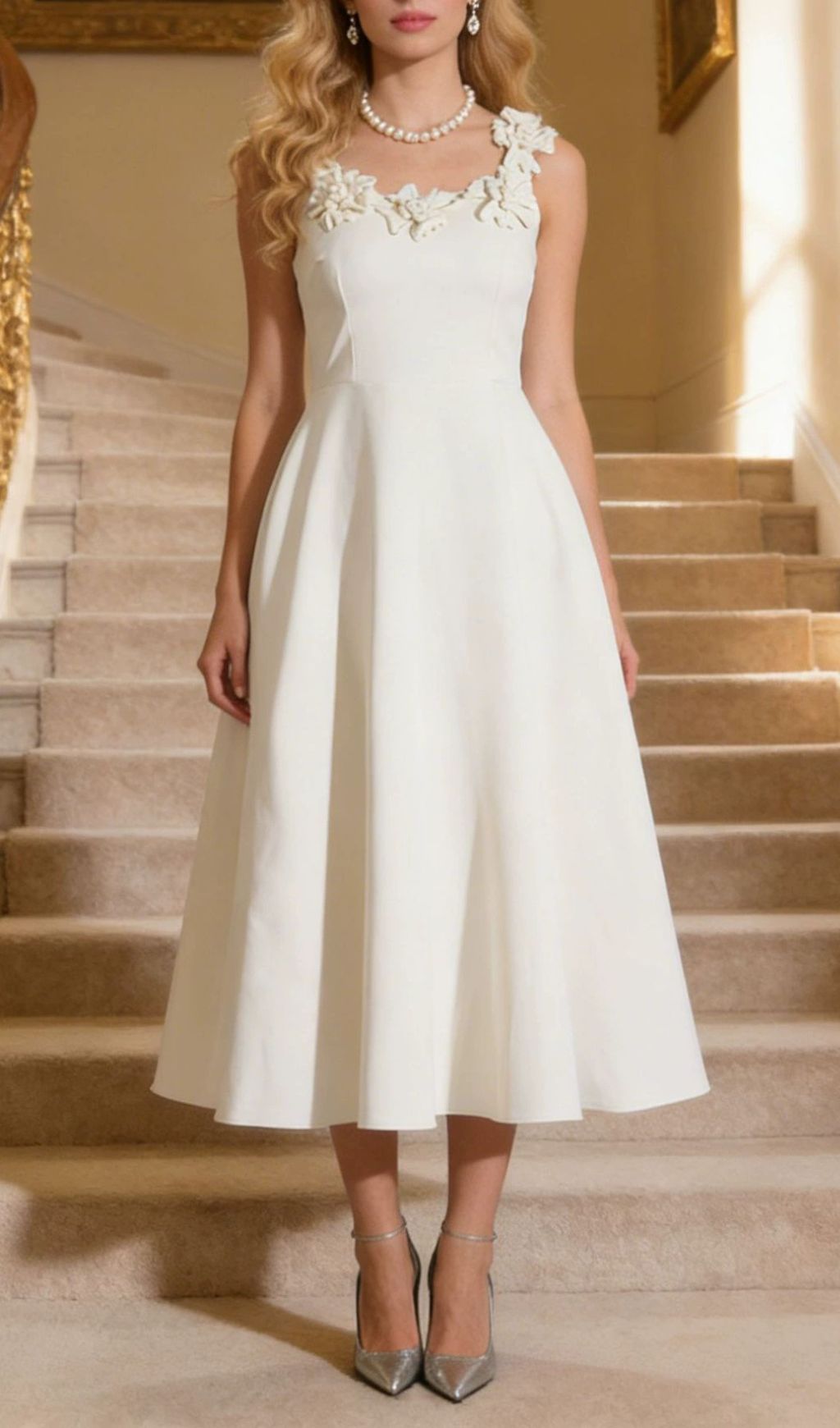 Janan White Floral Midi Dress - Elegant, Romantic & Perfect for Special Occasions