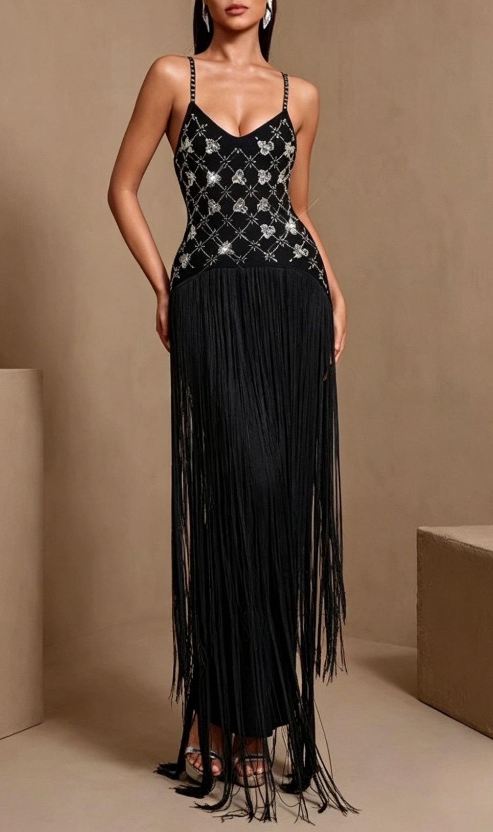 Koby Strappy Diamante Tassel Bandage Maxi Dress