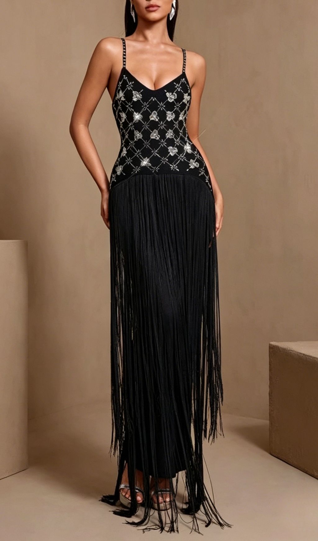 Koby Strappy Diamante Tassel Bandage Maxi Dress