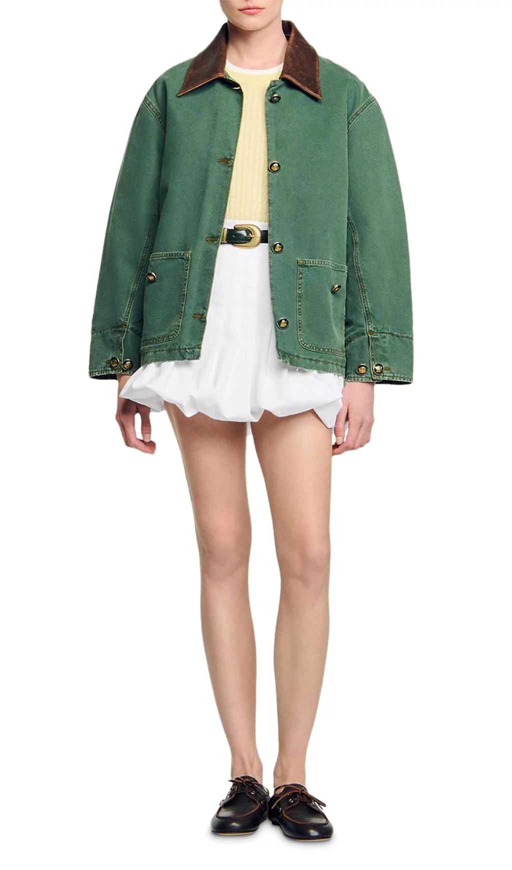 Women's Chic Green Workwear Jacket with Contrast Leather Collar