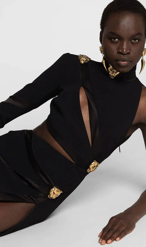 Panther Head Cut Out Asymmetric Mini Bandage Dress