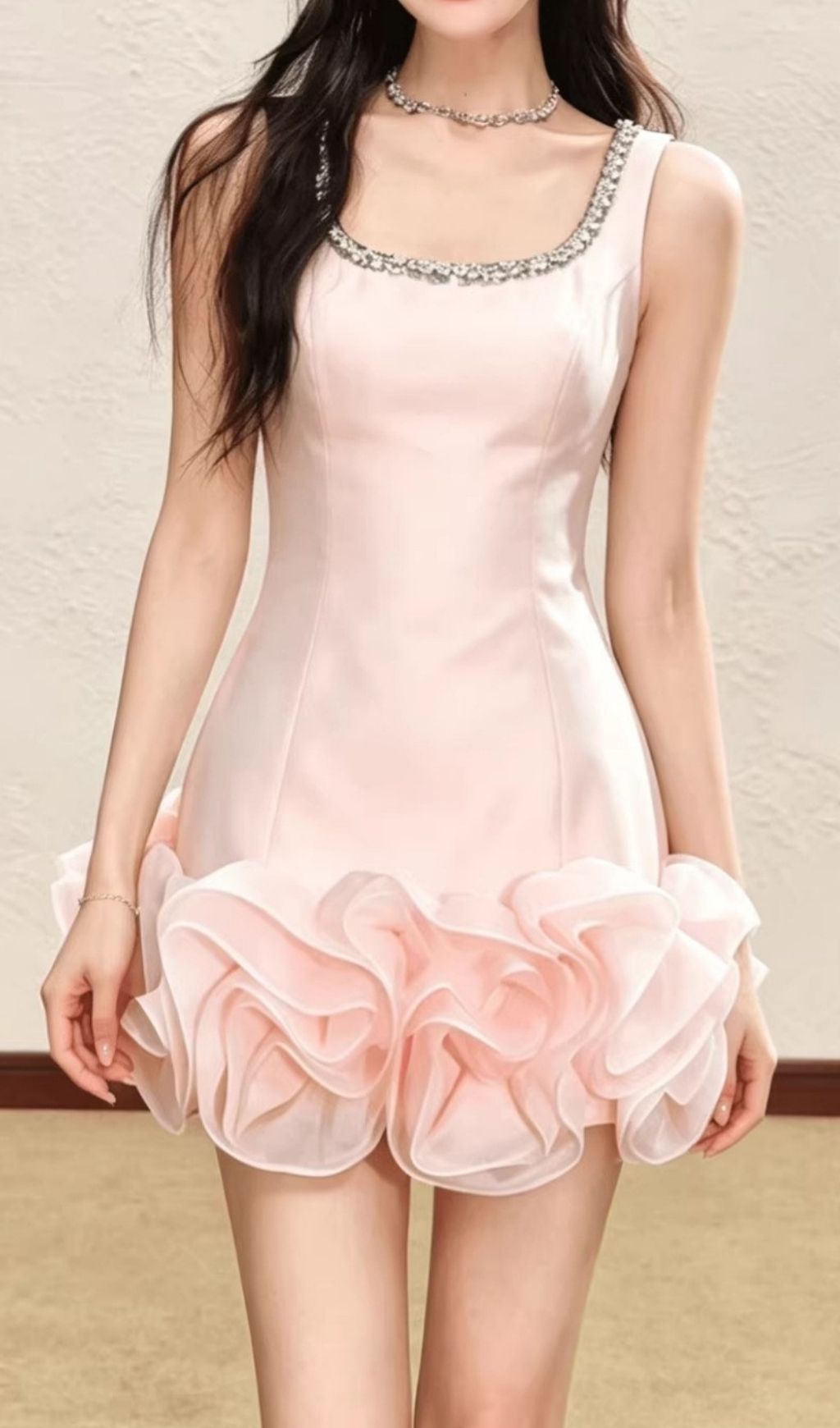 Kinley Pink Satin Diamante Ruffle Mini Dress - Glamorous Cocktail Party Gown