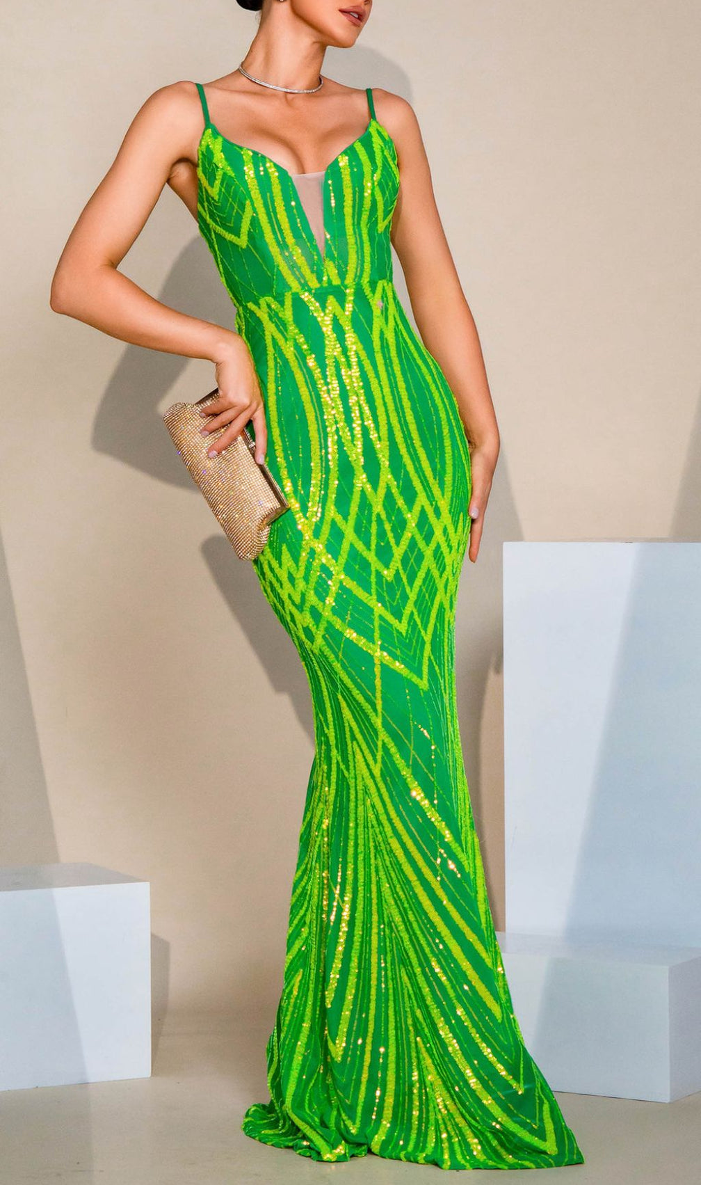 Firenze Green Strappy Sequin Maxi Dress