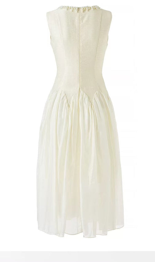 Sleeveless Midi Dress with Tulle Skirt and Pearl Embellished Collar - Ivoire