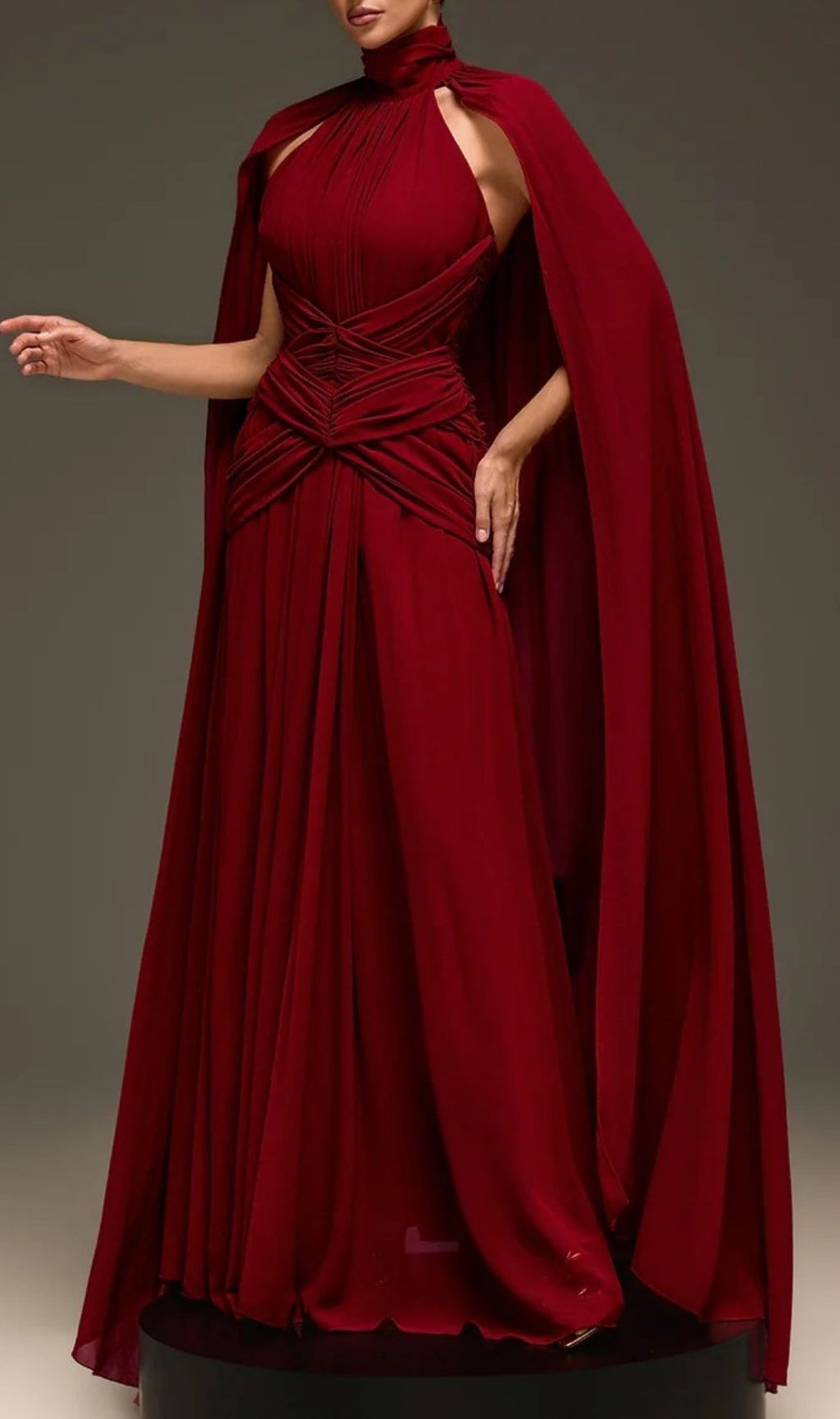 Evarix Glamorous Burgundy Cape Sleeve Maxi Gown