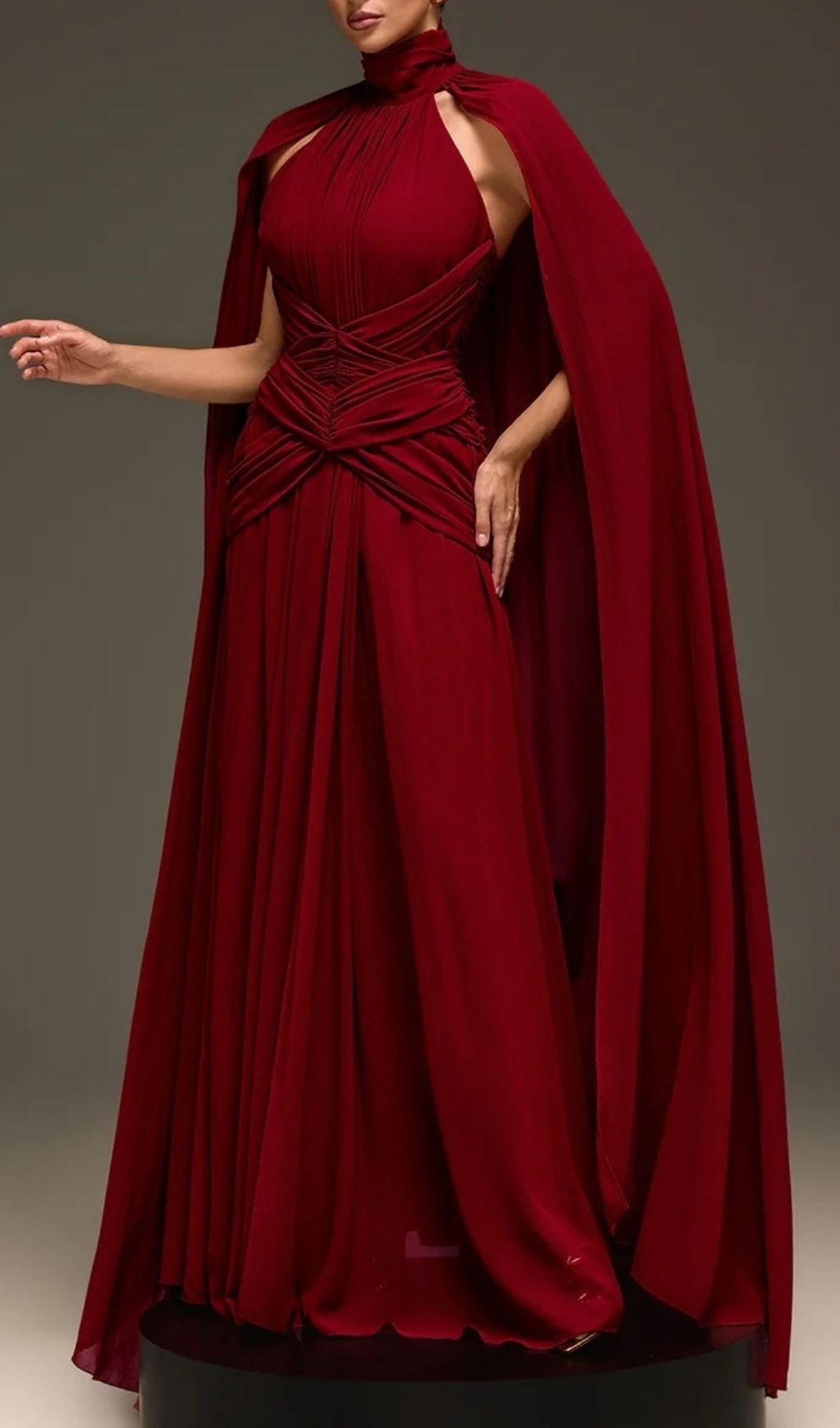 Evarix Glamorous Burgundy Cape Sleeve Maxi Gown