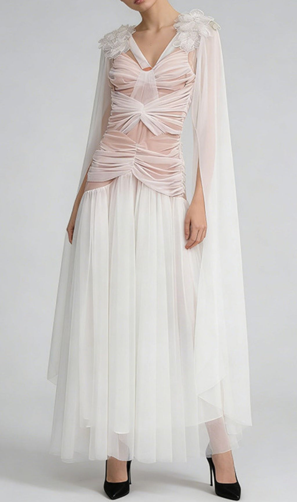 Kevlyn Ethereal White Mesh Maxi Gown - Sheer Elegance & Angelic Charm