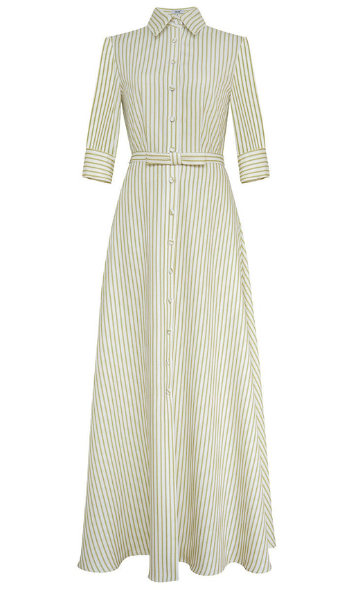 Effortless Chic: Green & White Striped Belted Maxi Shirt Dress for Women