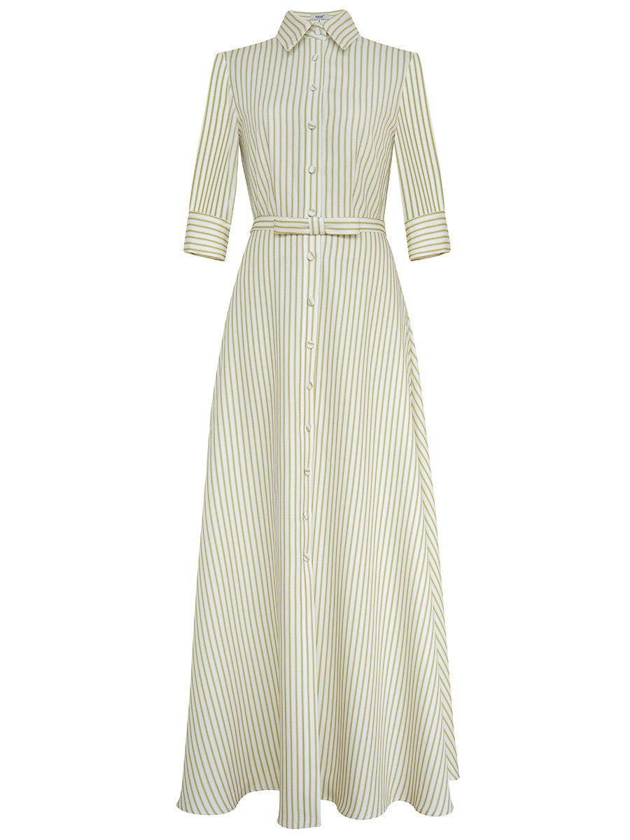 Effortless Chic: Green & White Striped Belted Maxi Shirt Dress for Women