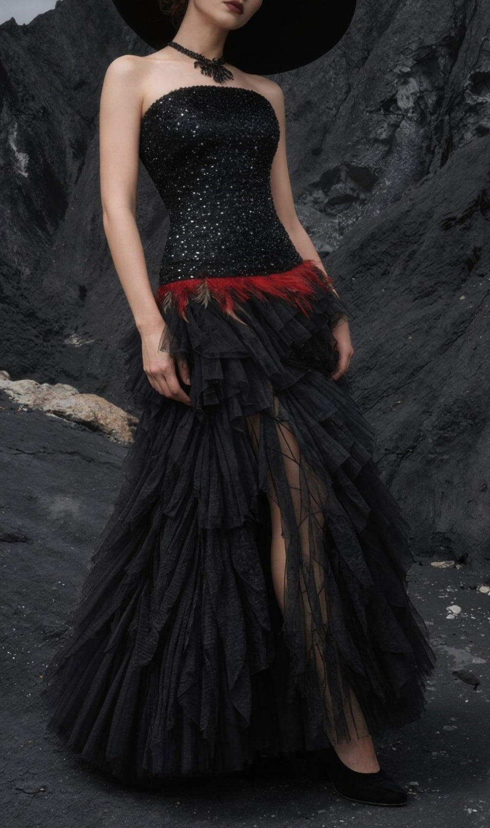 Jainna Black Sequin & Red Feather Strapless Mesh Maxi Gown - Evening Glamour