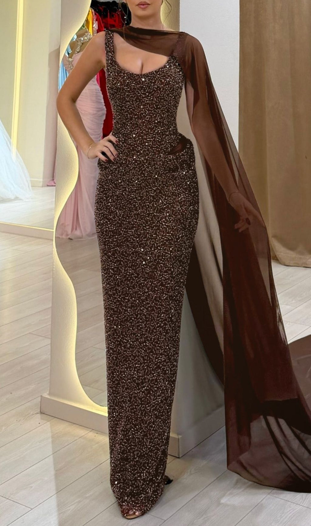 Kat Brown Shimmering Sequin Ruched Maxi Gown with Elegant Sheer Drape