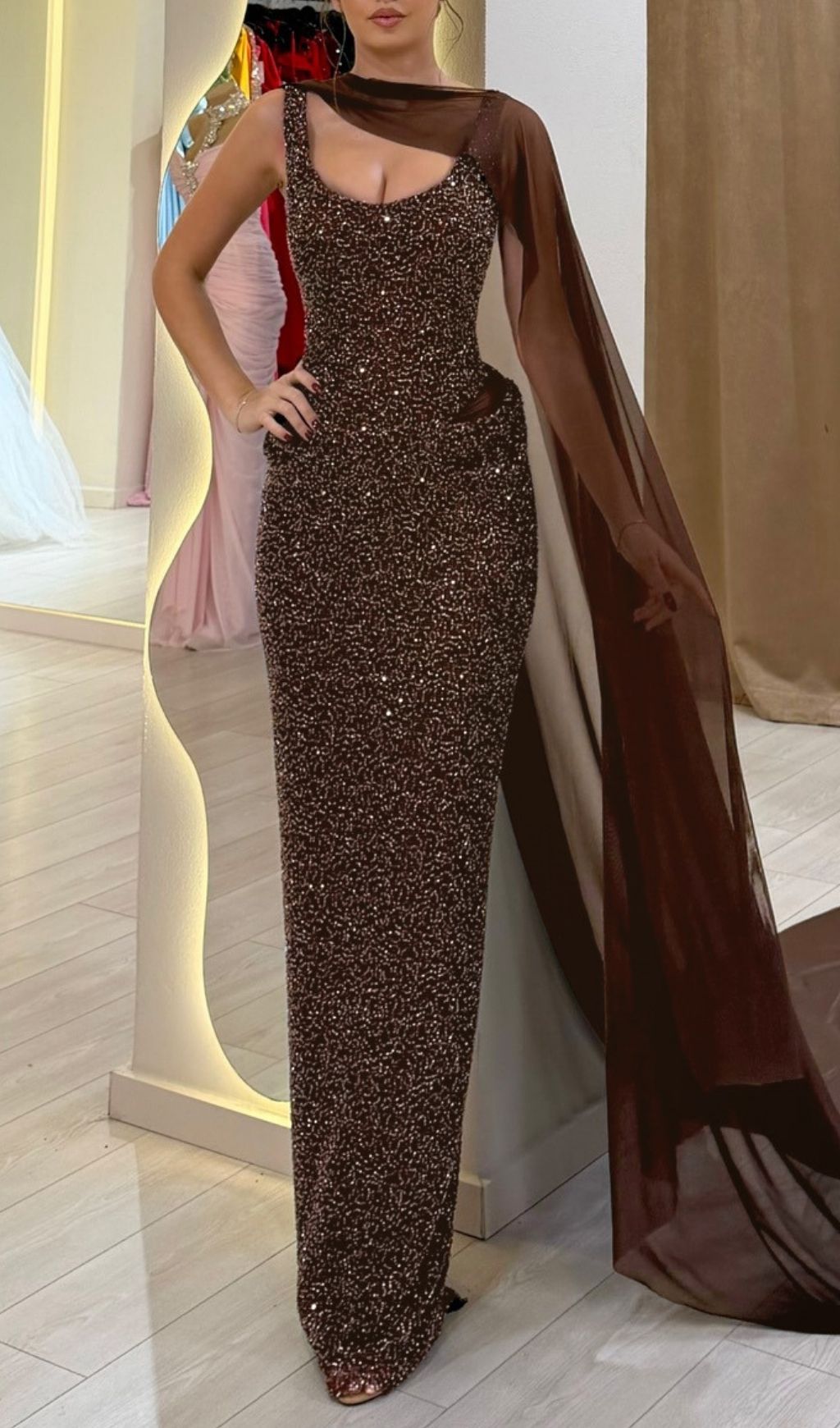 Kat Brown Shimmering Sequin Ruched Maxi Gown with Elegant Sheer Drape