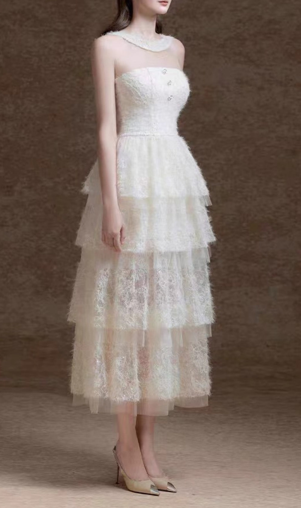 Elfreda White Mesh Layered Midi Dress