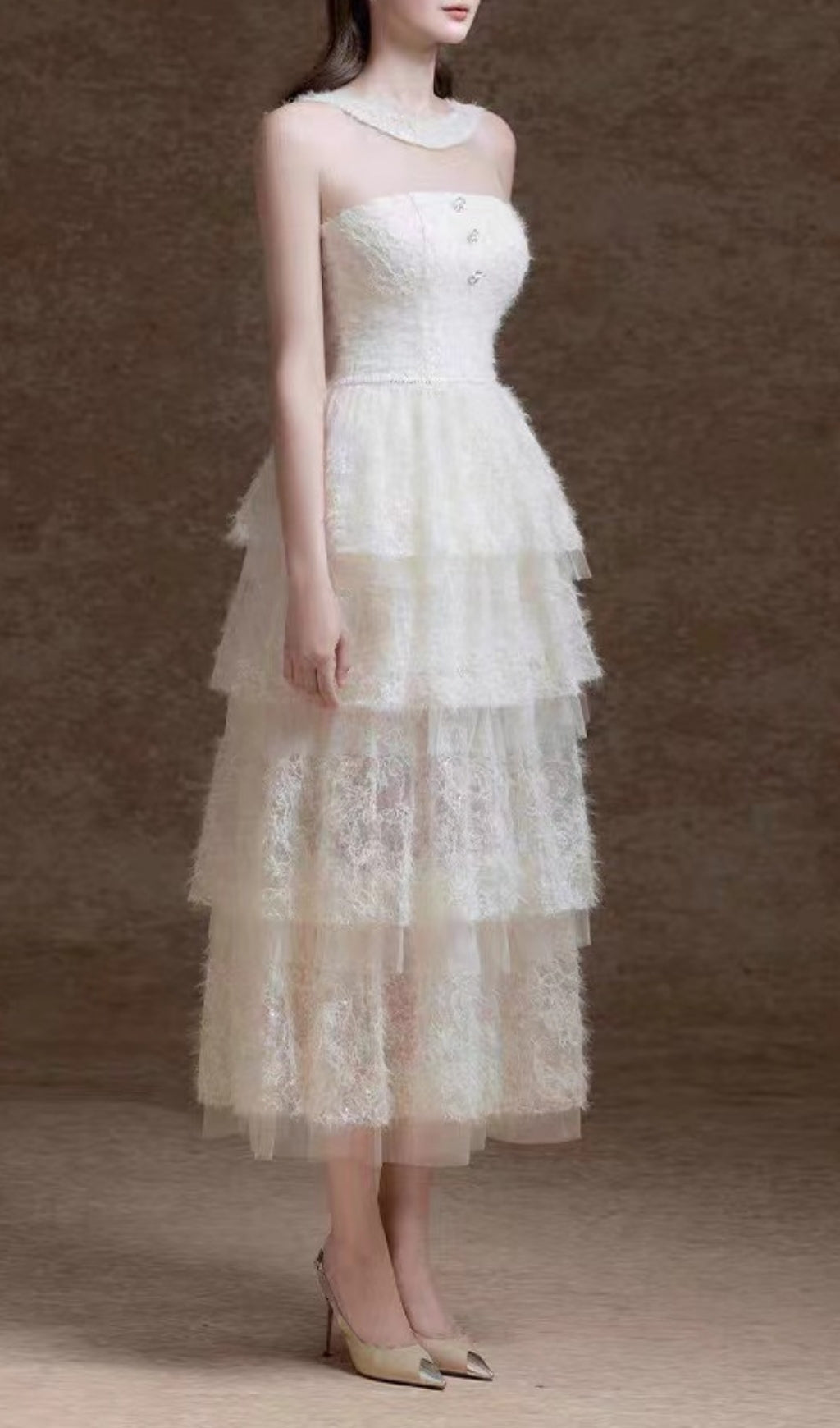 Elfreda White Mesh Layered Midi Dress