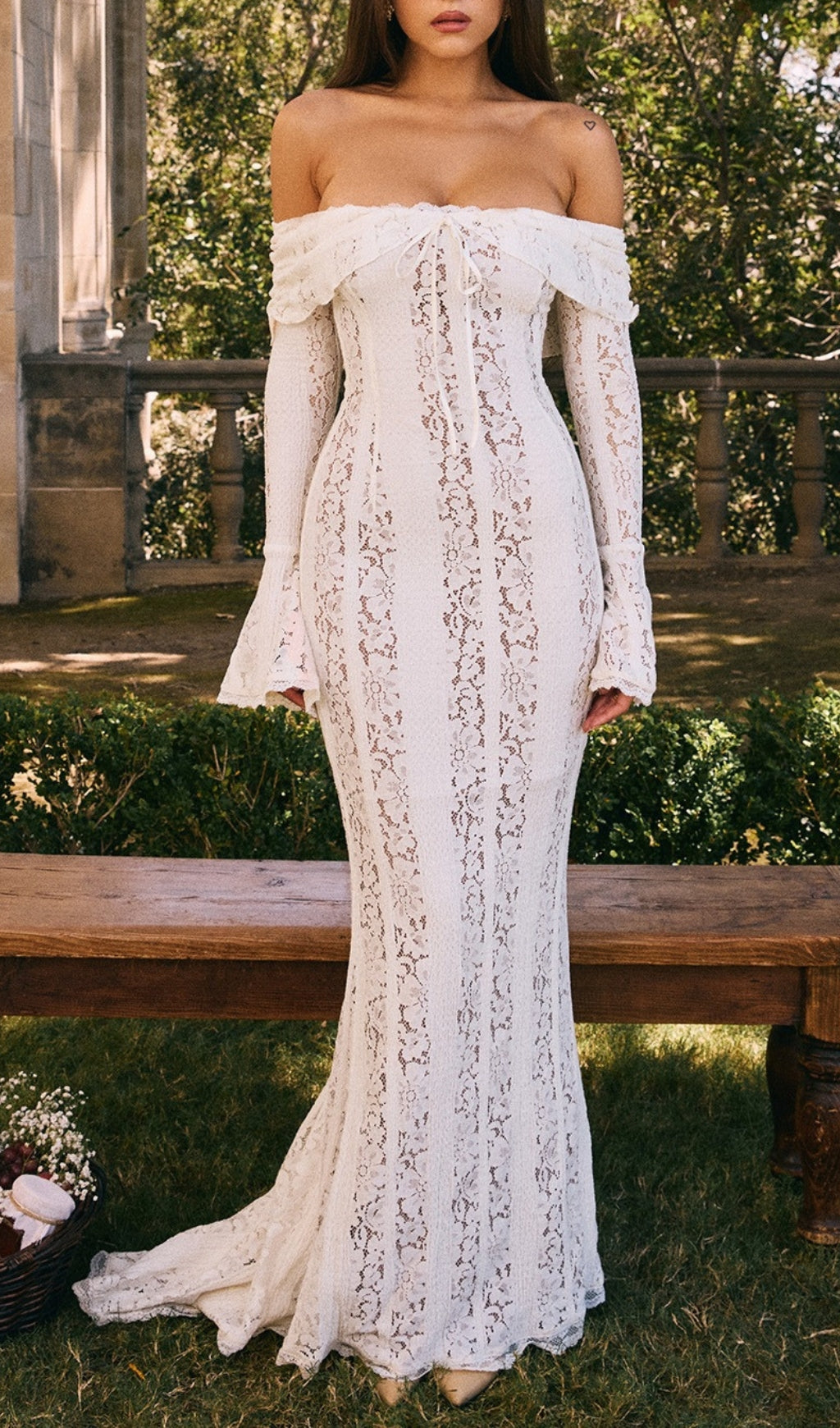 Clarissa White Flared Sleeve Lace Maxi Dress