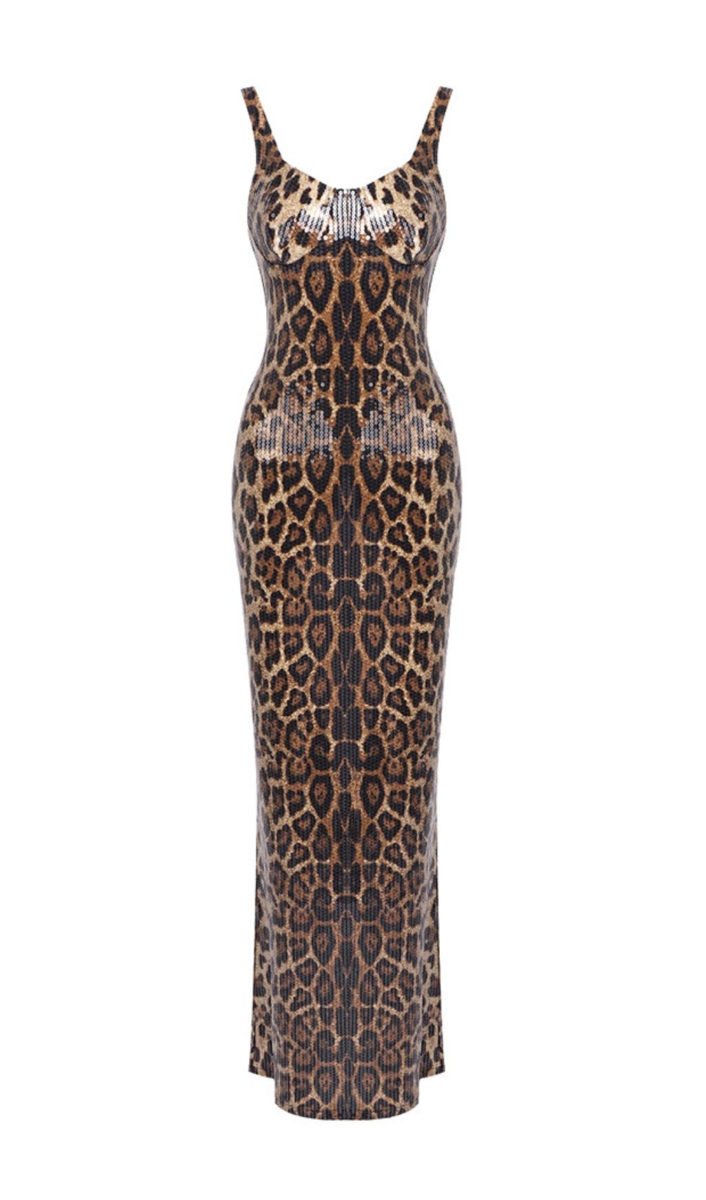Jarrell Dazzling Leopard Sequin Maxi Gown with Dramatic Cape