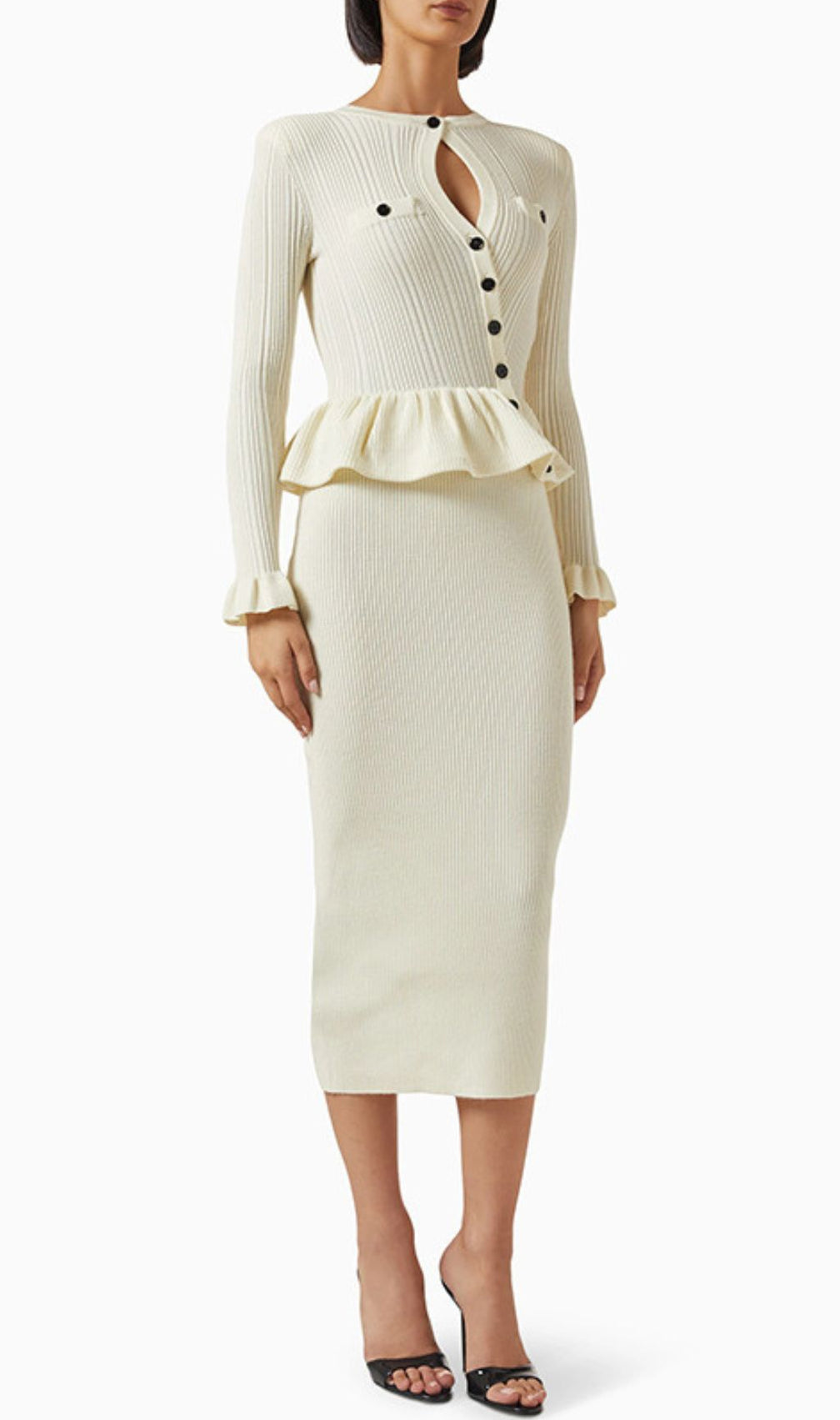 Effortless Elegance: Henson Ribbed Knit Peplum Midi Dress - Long Sleeve Women's