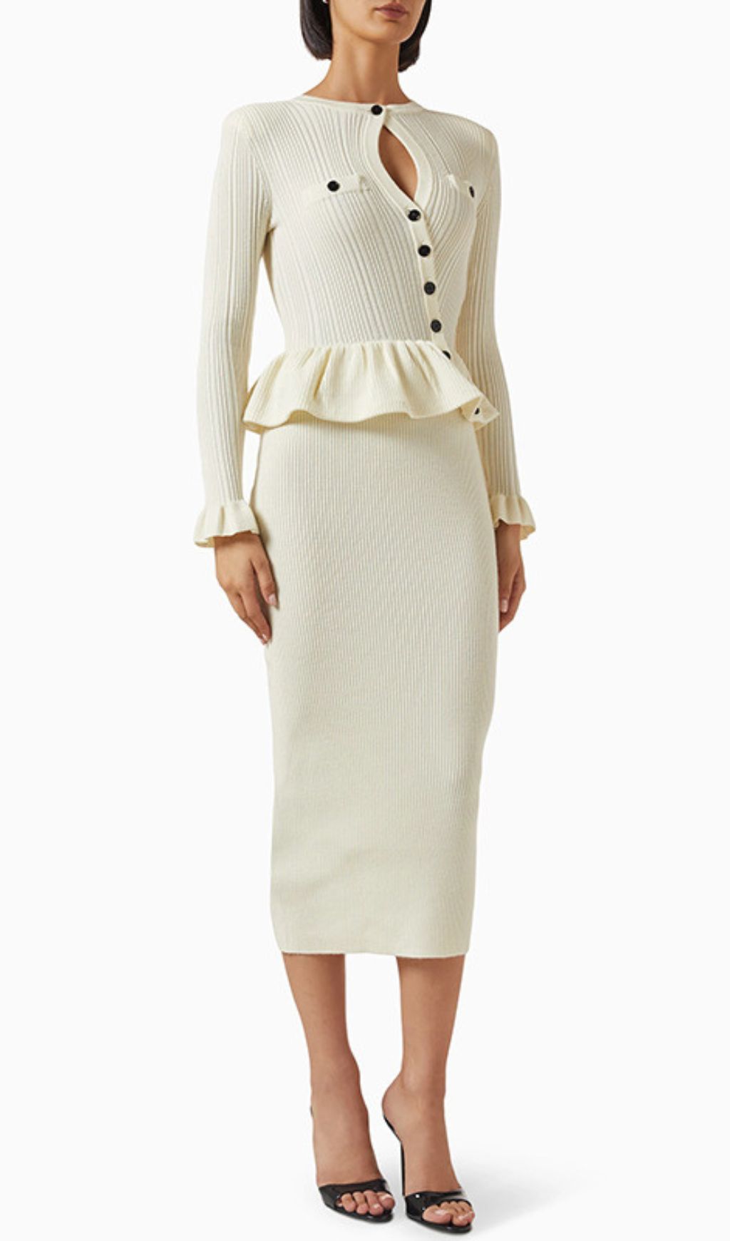 Effortless Elegance: Henson Ribbed Knit Peplum Midi Dress - Long Sleeve Women's