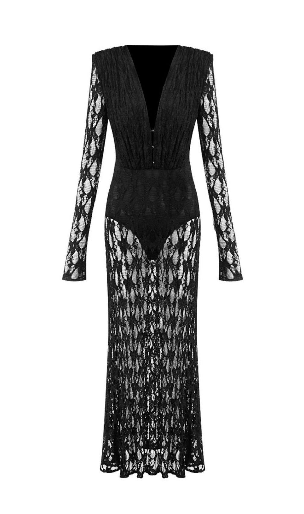 Jemma Black Sheer Lace Maxi Dress | Deep V-Neck Long Sleeve Evening Gown