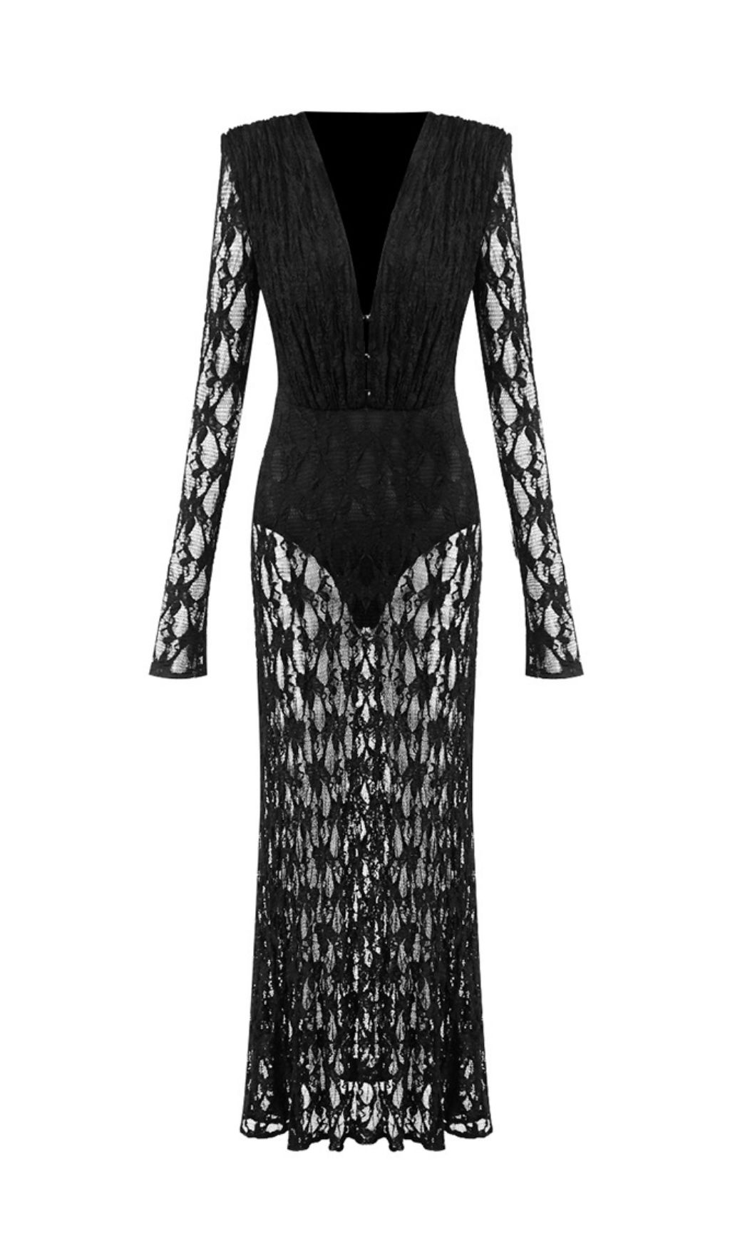 Jemma Black Sheer Lace Maxi Dress | Deep V-Neck Long Sleeve Evening Gown