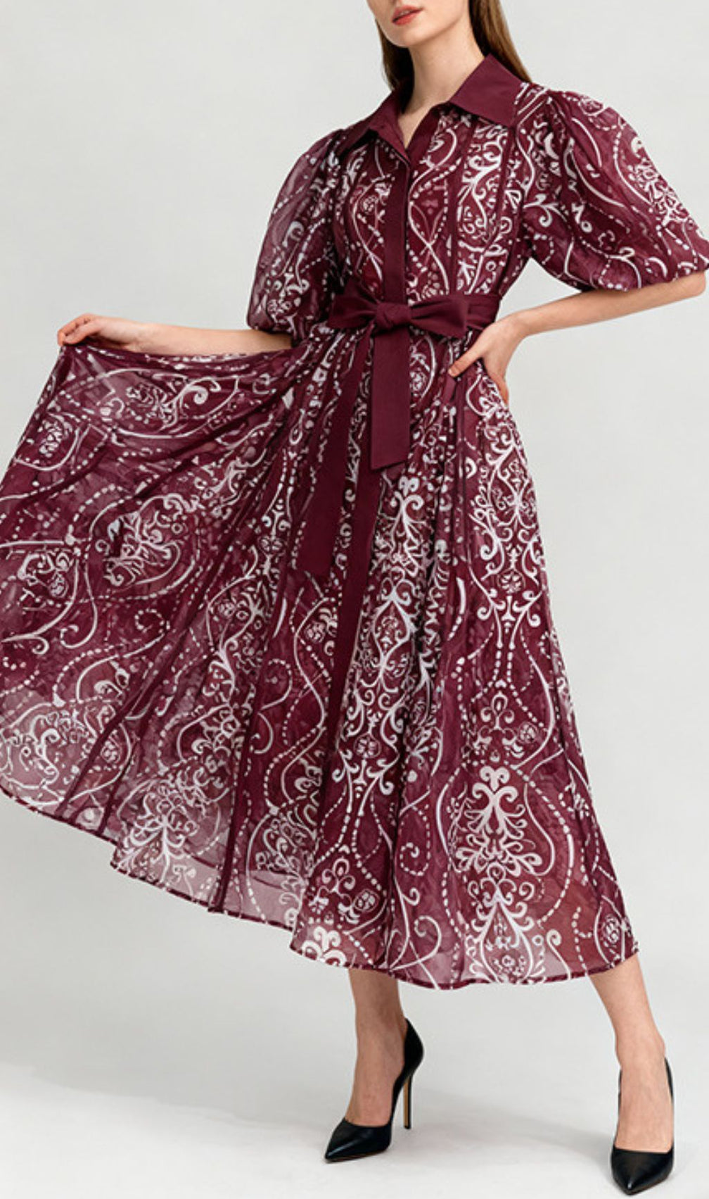 Sophisticated Puff-Sleeve Printed Midi Dress with Tie-Waist