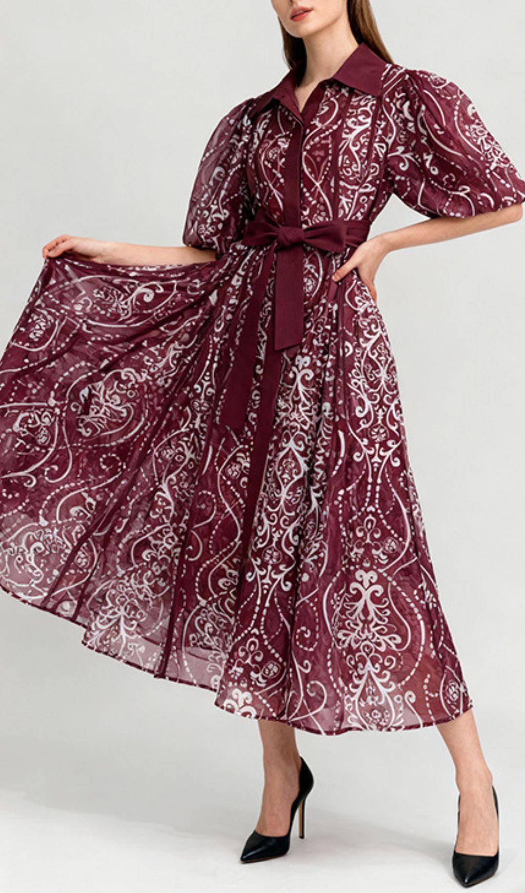 Sophisticated Puff-Sleeve Printed Midi Dress with Tie-Waist