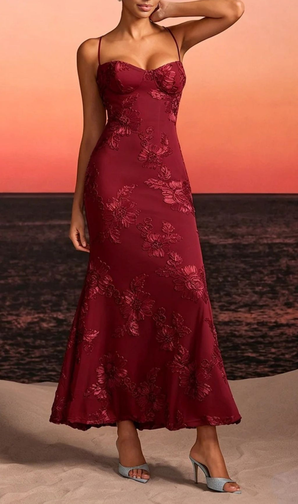 Zryne Spaghetti Embroidered Flower Maxi Dress In Wine