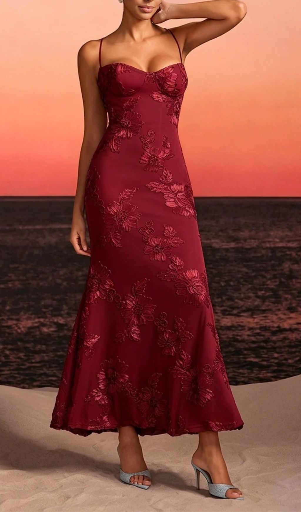 Zryne Spaghetti Embroidered Flower Maxi Dress In Wine