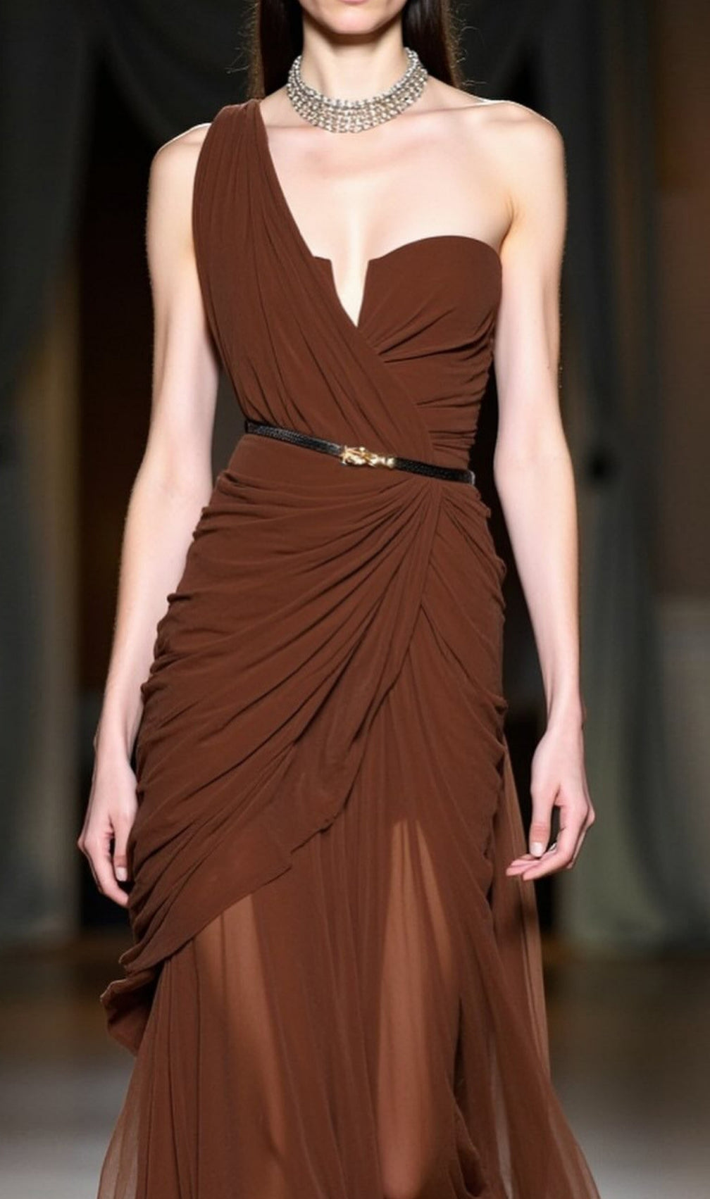 Eachna Coffee One-Shoulder Mesh Maxi Dress