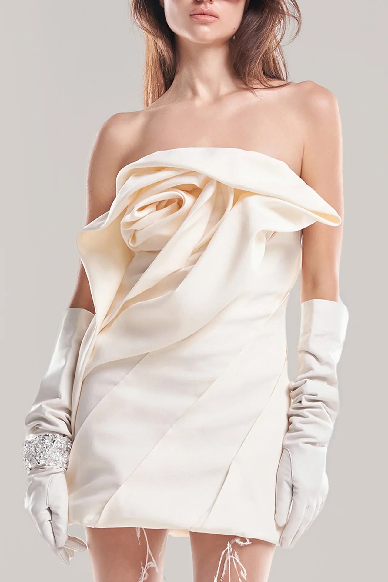 Alisa strapless flower mini dress in apricot