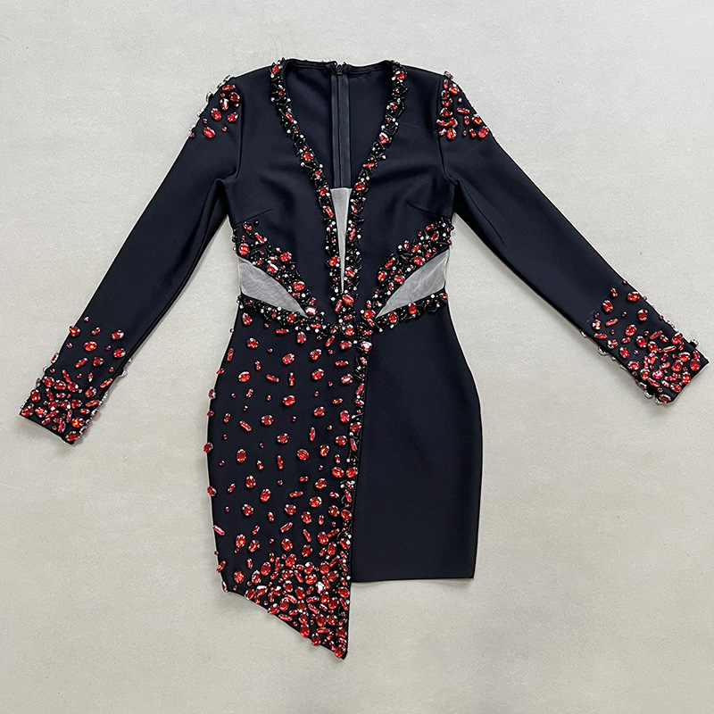 Abelina Long Sleeve Red Crystals Dress