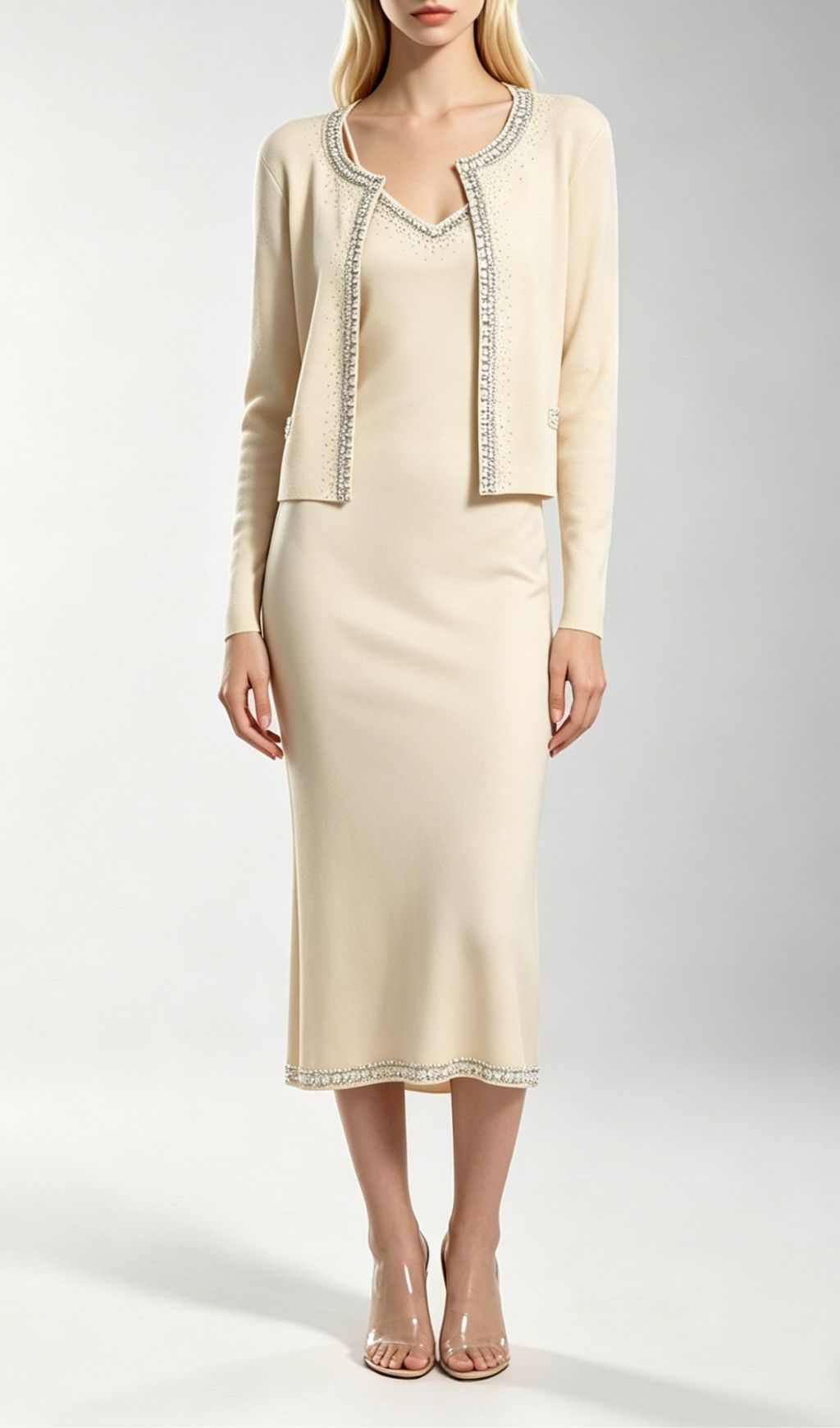 Kinsey Apricot Diamante Knit Cardigan & Midi Dress Set